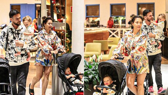 Fabiula Nascimento e Emilio Dantas passeiam com filhos gêmeos em shopping do Rio; fotos