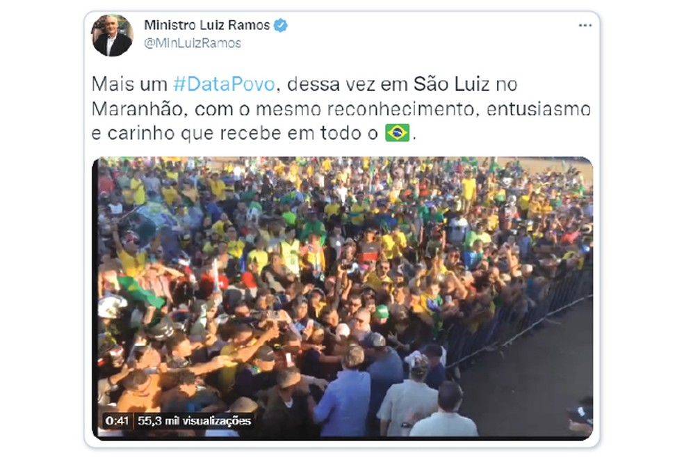 Ministro Luiz Eduardo Ramos fez publicaÃ§Ã£o com enfoque na adesÃ£o de pÃºblico a ato bolsonarista â Foto: ReproduÃ§Ã£o
