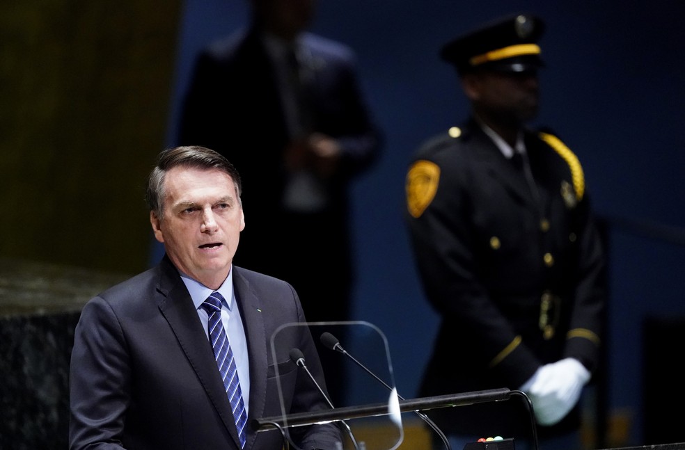 O presidente Jair Bolsonaro durante discurso na Assembleia Geral da ONU, nesta terça-feira (24). — Foto: Carlo Allegri/Reuters