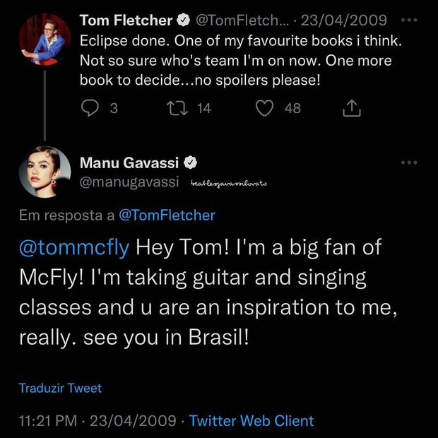 Manu Gavassi interage com Tom Fletcher, do McFly, em 2009 (Foto: Reprodução/Twitter)