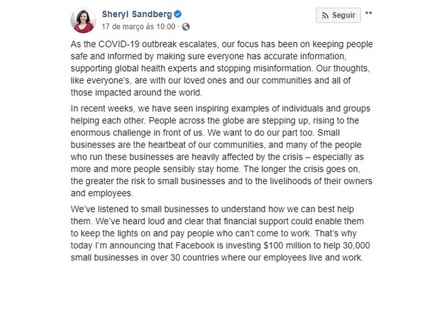 Facebook anuncia subsídio de U$S 100 milhões para pequenos comércios  (Foto: Facebook / Reprodução)