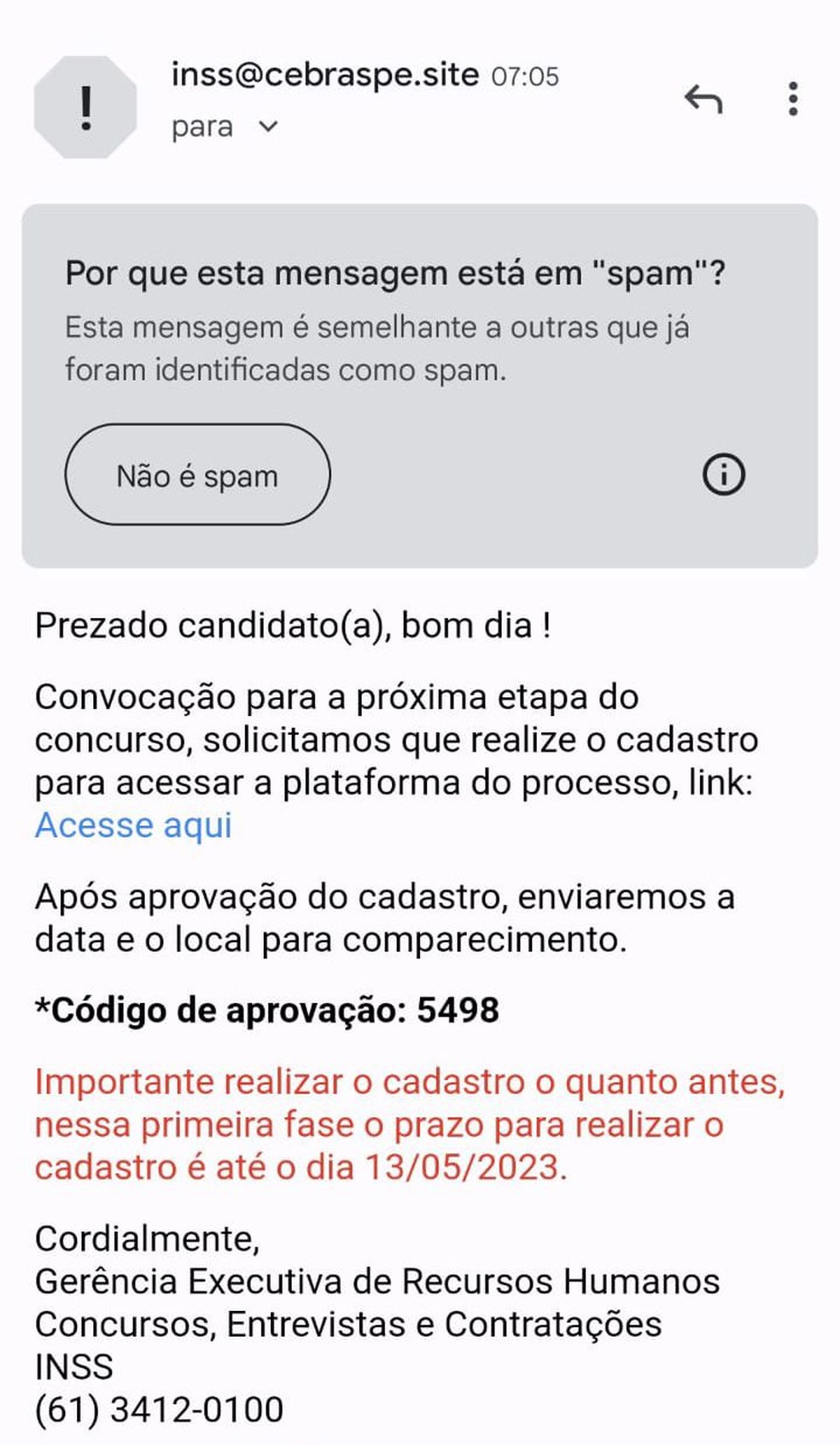 Golpe: mensagem enganosa de convoca&ccedil;&atilde;o n&atilde;o pertence ao INSS nem ao Cebraspe &mdash; Foto: Reprodu&ccedil;&atilde;o
