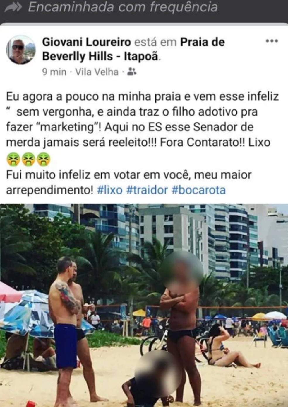 Postagem feita no Facebook faz críticas e ataques a Contarato. Filho de sete anos do senador aparece na foto — Foto: Reprodução/TV Gazeta