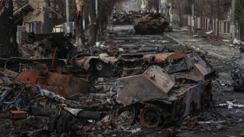 Destruição na Ucrânia após invasão russa — Foto: Getty Images via BBC