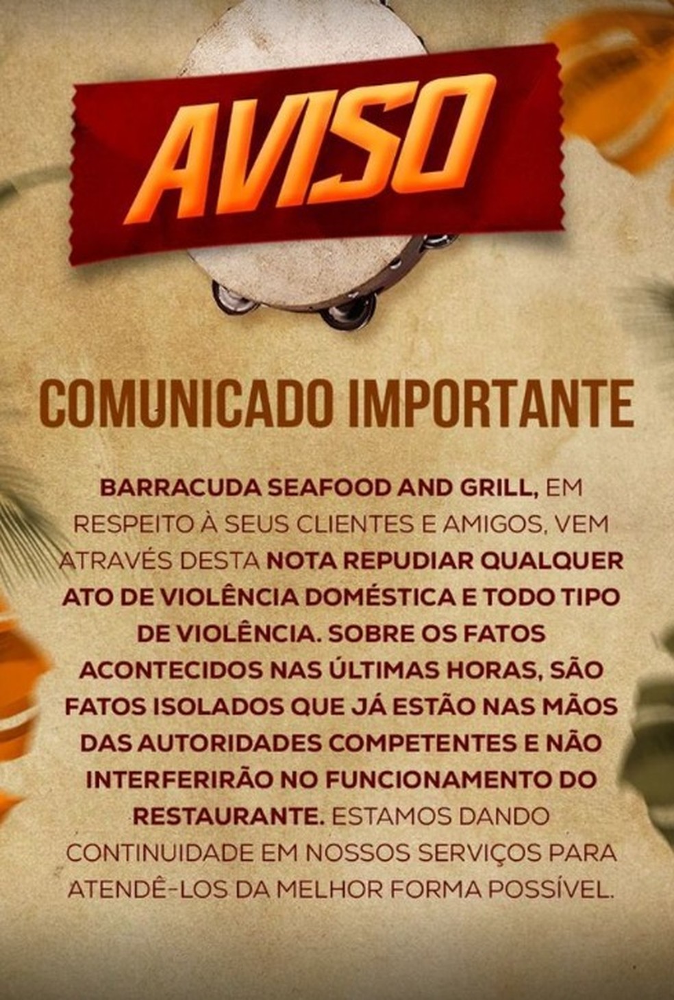 Restaurante Barracuda publicou nota sobre o caso de violência doméstica — Foto: Reprodução