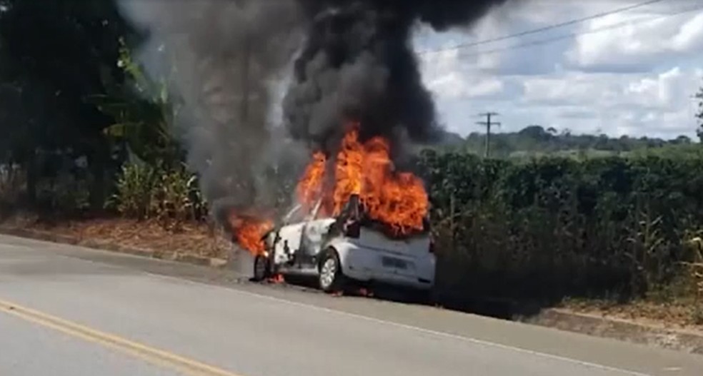 Carro fica destruído após pegar fogo na BA-263 — Foto: TV Sudoeste
