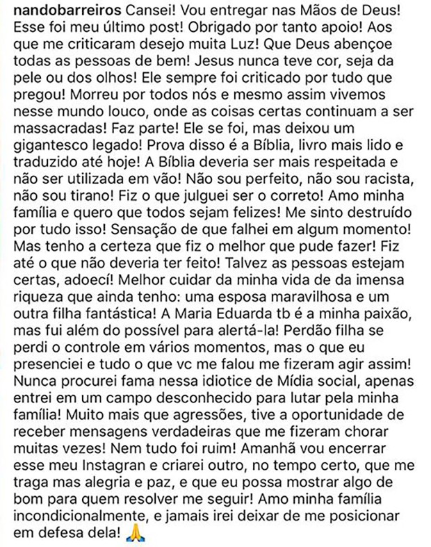 Luiz Fernando Barreiros, pai de Duda Reis, se despede de rede social (Foto: Reprodução/Instagram)