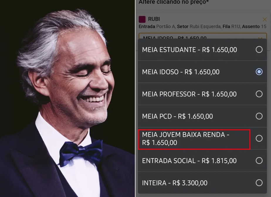 Andrea Bocelli viraliza por cobrar mais que salário mínimo em ingresso ‘baixa renda’ para show no Brasil