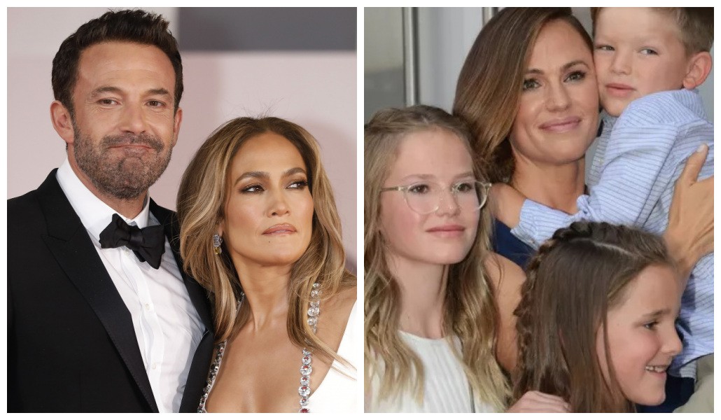 Ben Affleck e Jennifer Lopez e a atriz Jennifer Garner com os três filhos do ator (Foto: Getty Images)