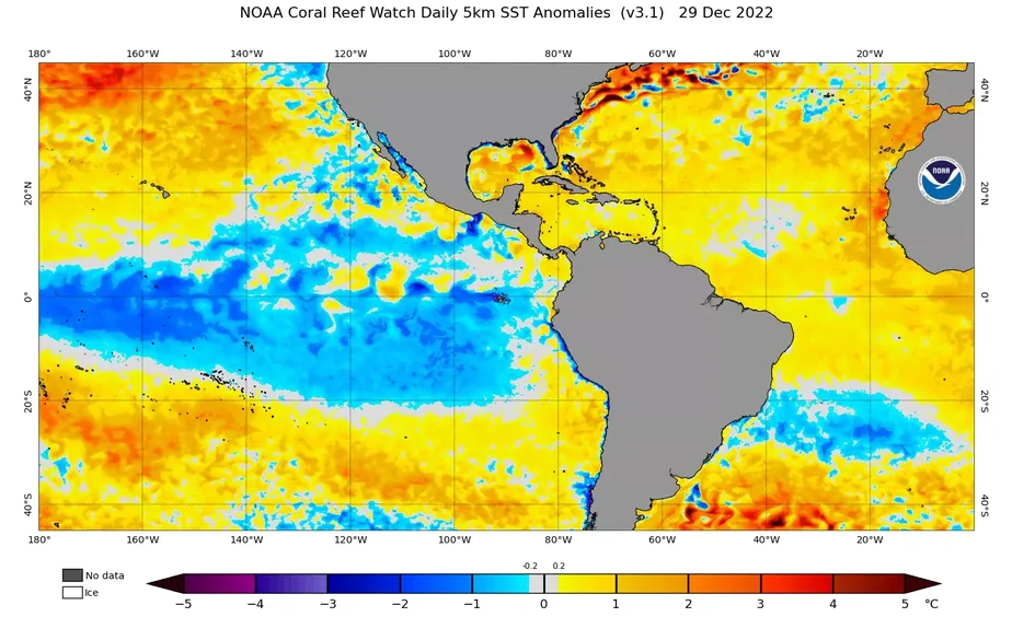 Mapa mostra as variações de temperatura no Oceano Pacífico que determinam a ocorrência de La Niña