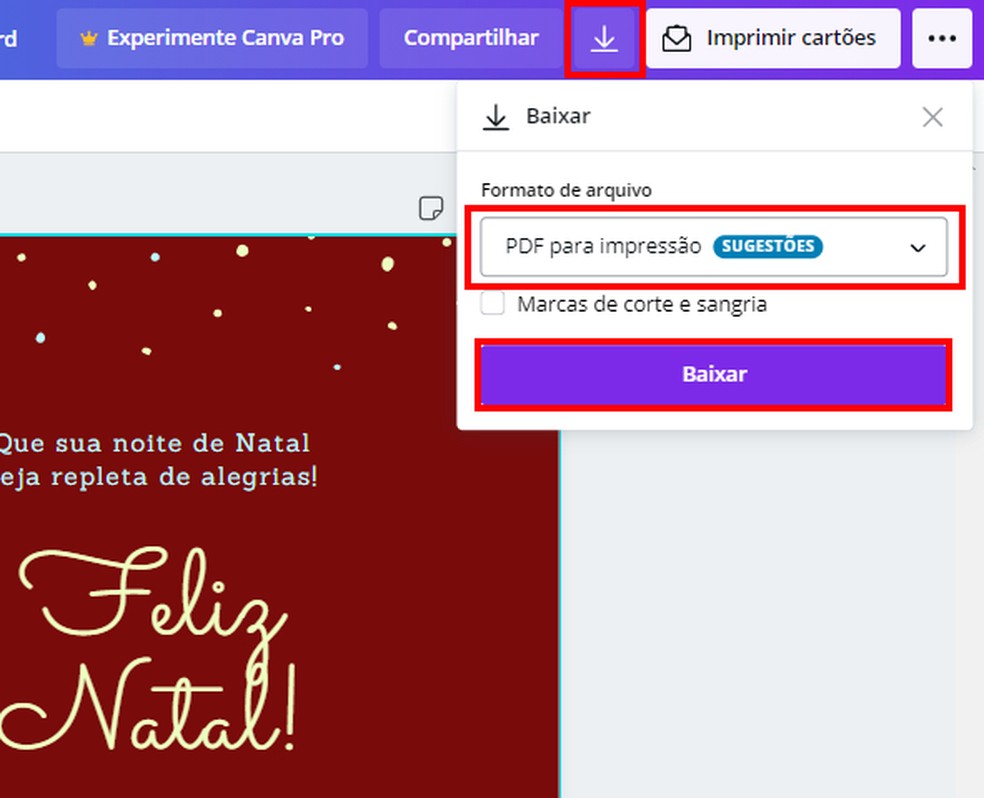 Baixando um cartão de Natal feito no Canva — Foto: Reprodução/Rodrigo Fernandes