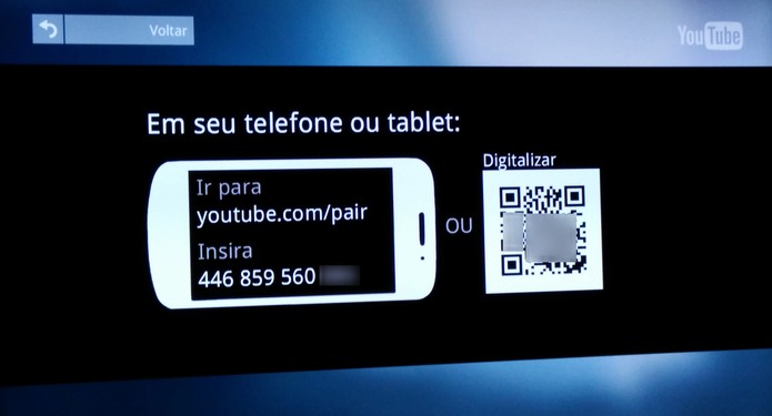 YouTube exibe código numérico e QR para pareamento com Android e iOS (Foto: Reprodução/Elson de Souza)