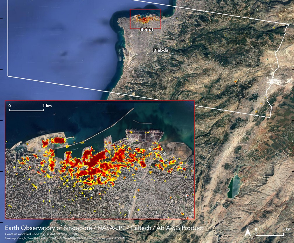 Mapa criado pela Nasa utilizando imagens de sat&eacute;lite mostra extens&atilde;o dos estragos causados pela explos&atilde;o em Beirute, no L&iacute;bano &mdash; Foto: NASA/JPL-Caltech/Earth Observatory of Singapore/ESA