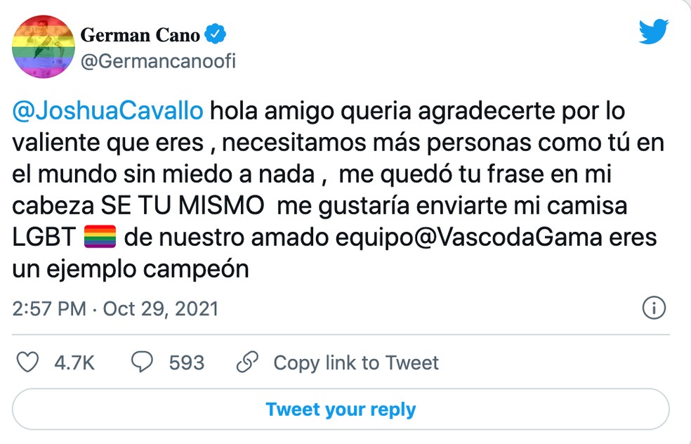 Germán Cano publica mensagem para Joshua Cavallo — Foto: Twitter/ Germán Cano