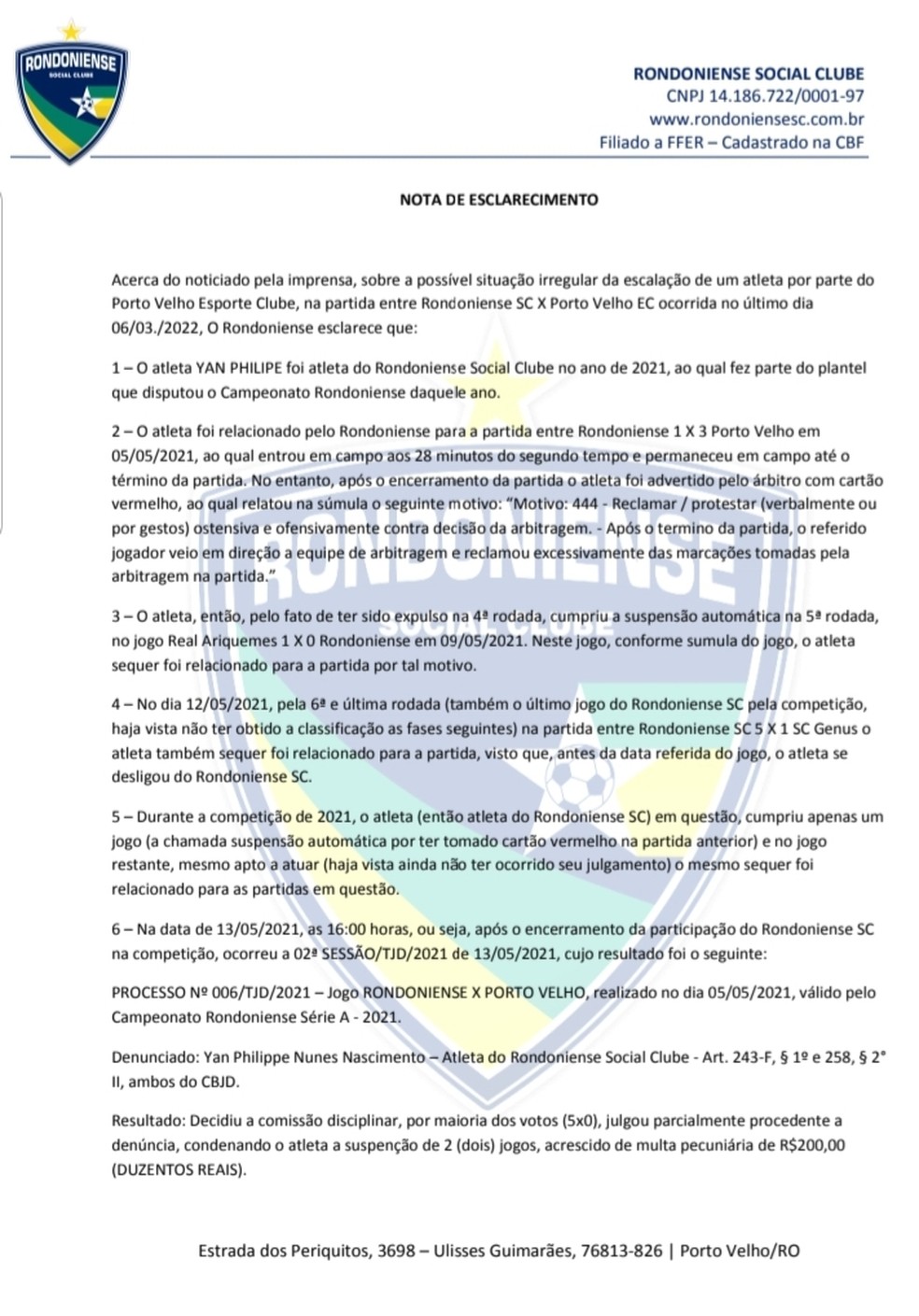 Caso Yan Philippe: Confira a primeira parte da nota do Rondoniense — Foto: Divulgação