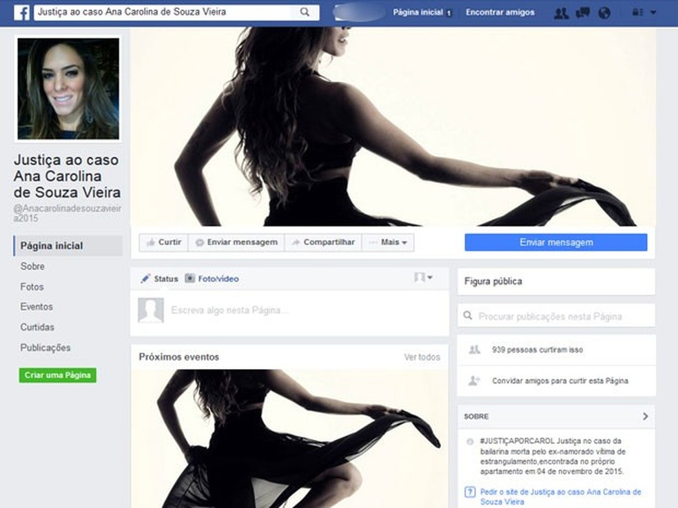 Página no Facebook pede justiça para o caso da dançarina morta pelo ex-namorado (Foto: Reprodução / Facebook)