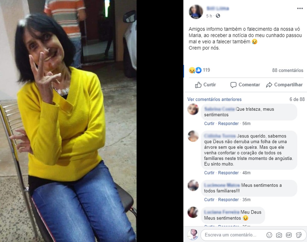 Maria Laura Cardelíquio passou mal e morreu ao saber da morte do neto, em Santa Bárbara d'Oeste  Foto: Reprodução/ Facebook