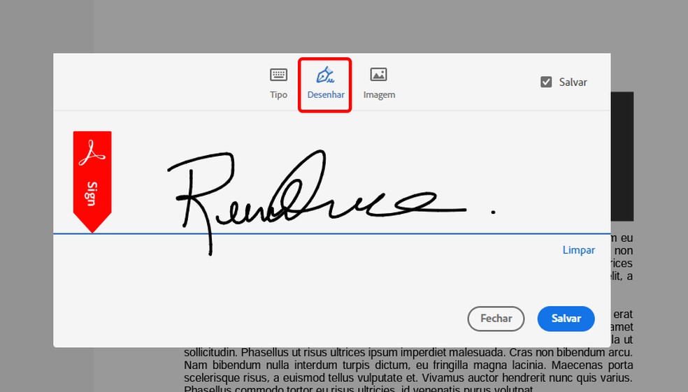 Usuário do Adobe Sign pode desenhar seus próprios traços ao criar a assinatura digital — Foto: Reprodução/Rodrigo Fernandes