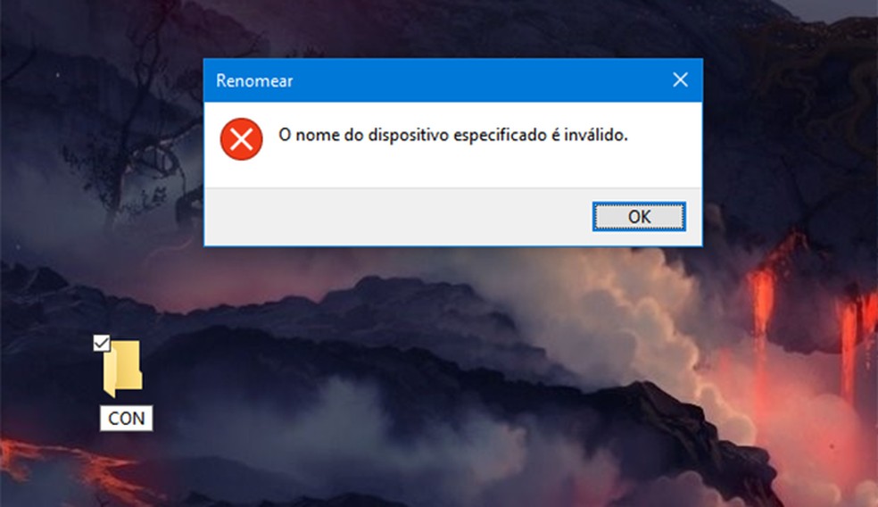 Windows 10 segue proibindo o uso de alguns termos na hora de nomear arquivos e pastas — Foto: Reprodução/Filipe Garrett