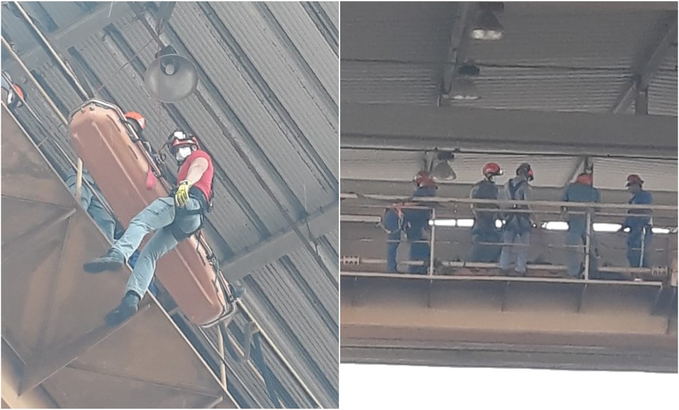 Funcionário de usina leva choque em cima de ponte rolante e resgate mobiliza bombeiros em Avaré — Foto: Corpo de Bombeiros/ Reprodução 