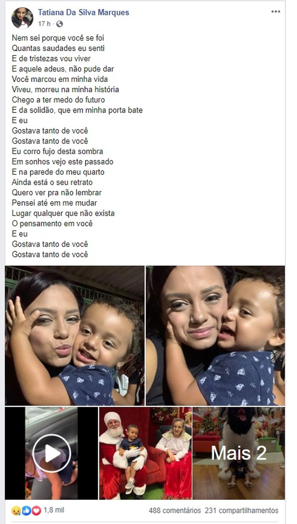 Mãe de Bernardo postou letra da música 'Gostava tanto de você', de Tim Maia e fotos do filho, morto pelo pai no DF — Foto: Facebook/Reprodução