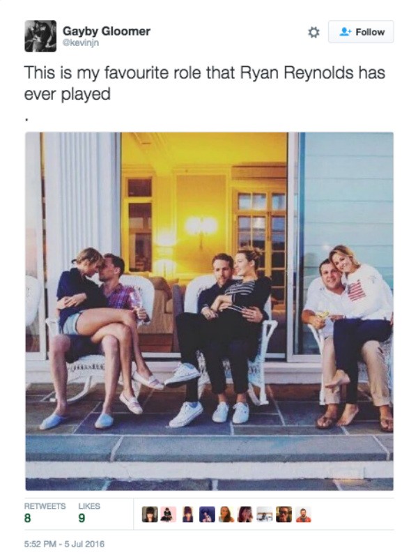 O desconforto de Ryan Reynolds junto com Blake Lively, Taylor Swift e Tom Hiddleston virou piada nas redes sociais (Foto: Twitter)