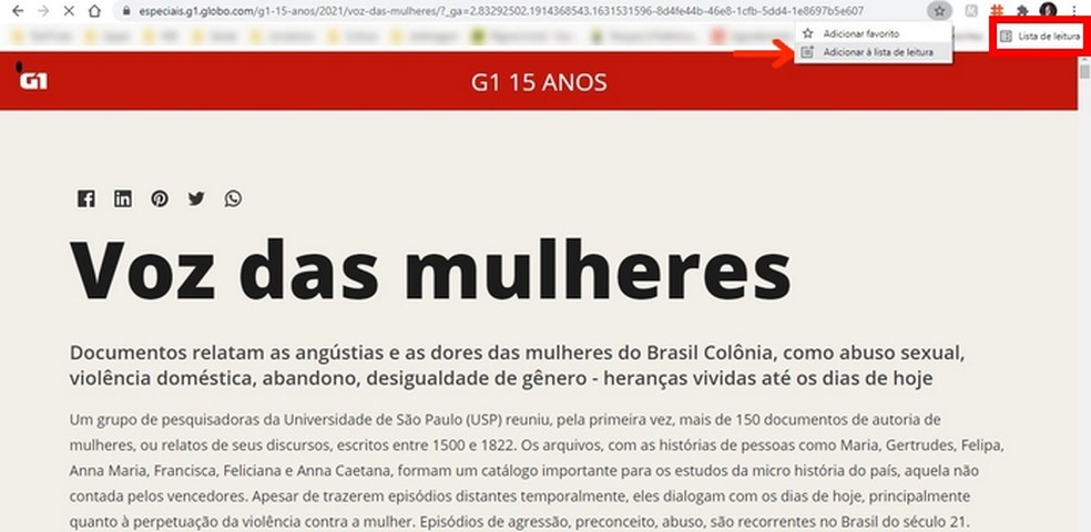 Lista de leitura do Chrome permite ler sites em outros dispositivos, mesmo offline — Foto: Reprodução/Raquel Freire