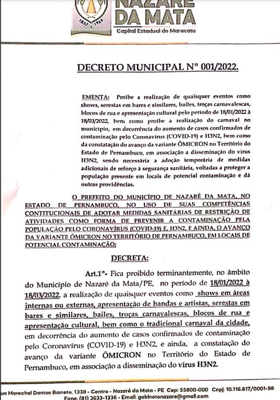 Decreto da Prefeitura de Nazaré da Mata válido até o dia 18 de março — Foto: Reprodução/WhatsApp