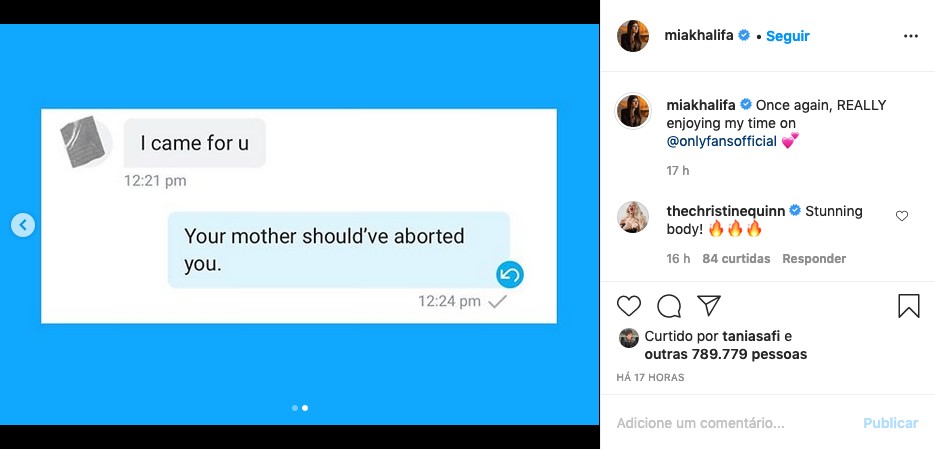 A resposta da ex-atriz pornô Mia Khalifa ao fã que a atacou nas redes (Foto: Instagram)