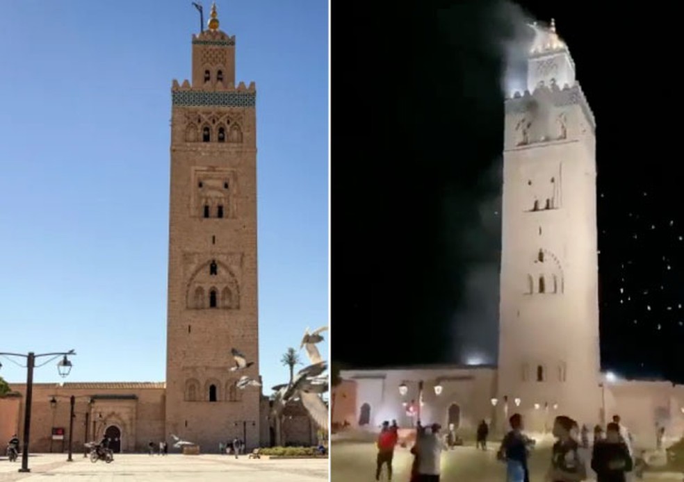 A grande mesquita Cutubia, em Marrakesh, pegou fogo com o abalo s&iacute;smico. &mdash; Foto: GoogleStreet/@GlobeEyeNews