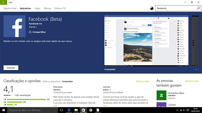 Facebook (Beta) é o novo aplicativo universal para Windows 10 (Foto: Reprodução/Elson de Souza)
