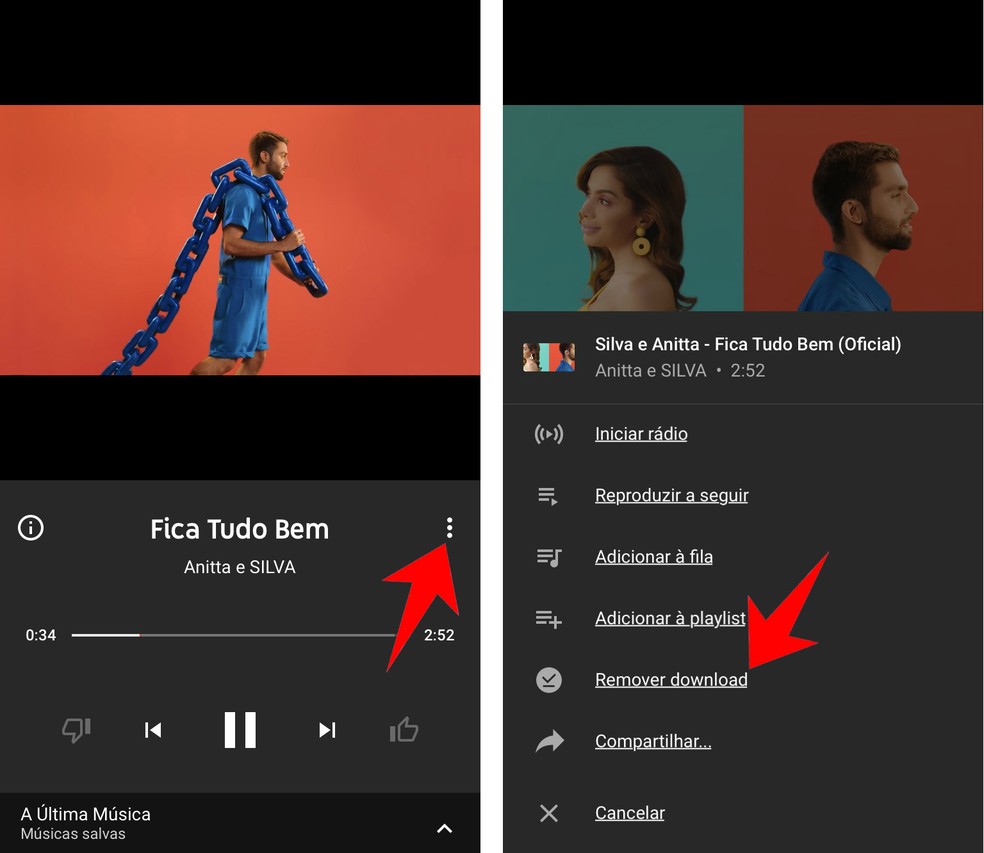 YouTube Music oferece opção de alternar entre visualizar a capa do álbum ou o clipe da música  — Foto: Reprodução/Rodrigo Fernandes