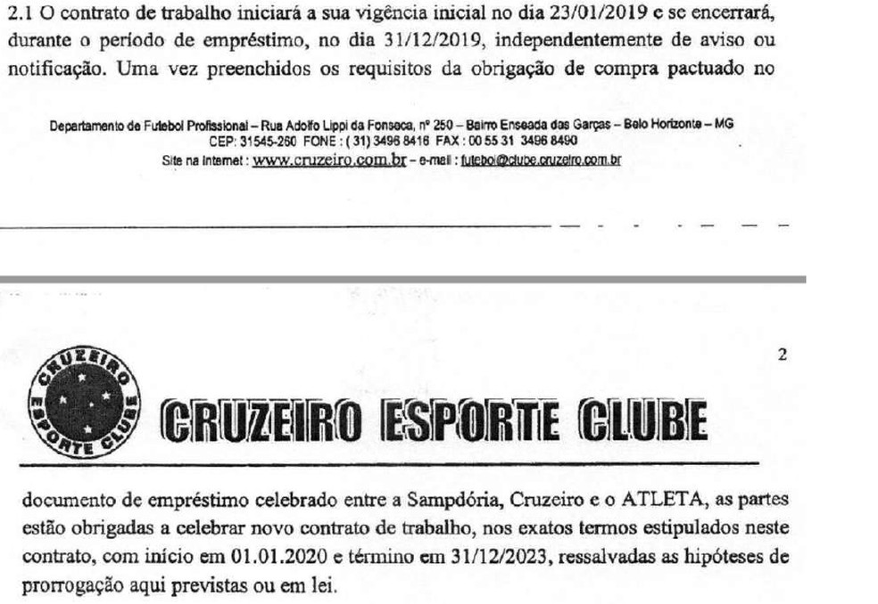 Contrato de empréstimo do Cruzeiro com Dodô — Foto: Reprodução