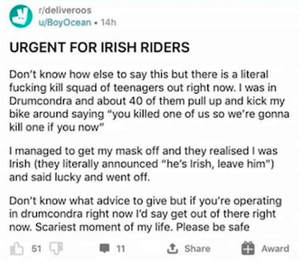 'Urgente para entregadores irlandeses', diz a postagem em fórum do app Deliveroo — Foto: Reprodução/Rede Social