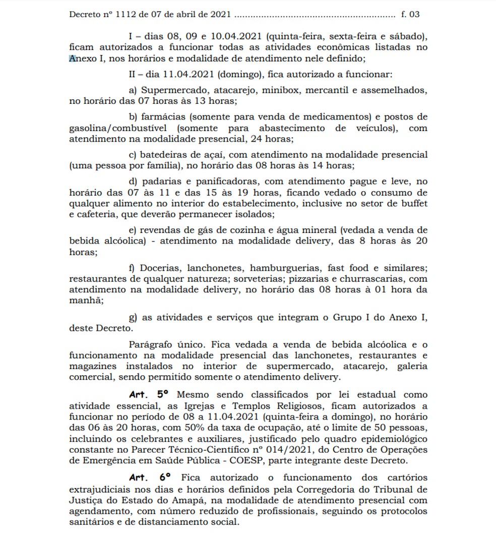 Trecho de decreto do governo estadual define horário de funcionamento de supermercados  — Foto: GEA/Divulgação