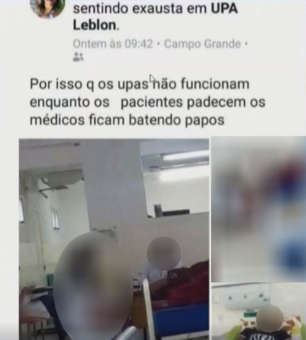 A mensagem postada no Facebook em 6 de novembro de 2018 mostra a foto de um paciente acamado e dois mÃ©dicos conversando em uma UPA em Campo Grande  â?? Foto: Redes sociais/ReproduÃ§Ã£o