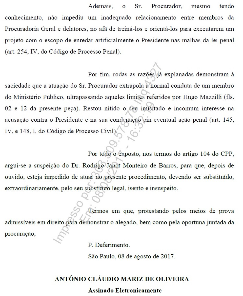 Pedido da defesa do presidente Michel Temer ao Supremo Tribunal Federal para que declare Rodrigo Janot suspeito (Foto: Reprodução) Pedido da defesa do presidente Michel Temer ao Supremo Tribunal Federal para que declare Rodrigo Janot suspeito (Foto: Reprodução)