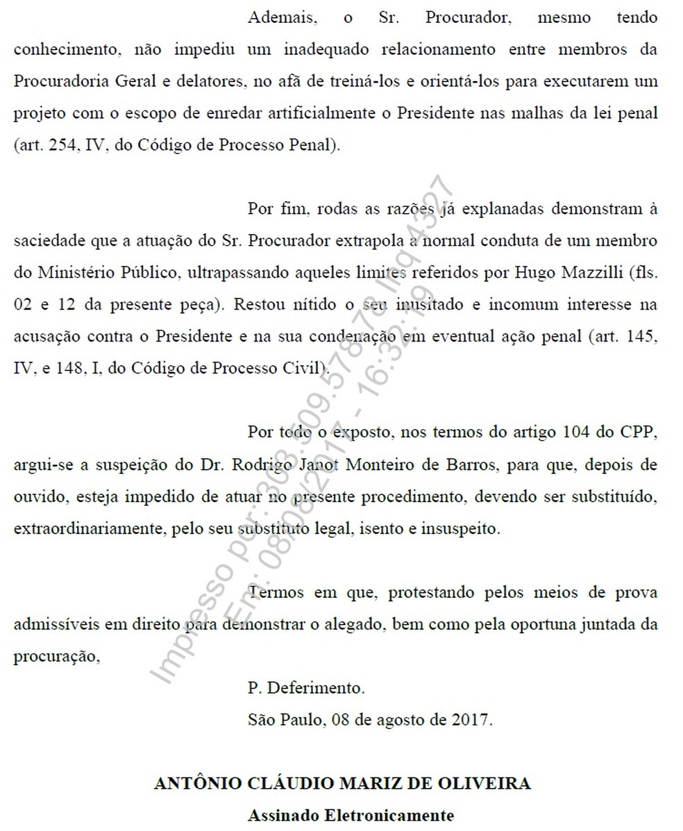 Pedido da defesa do presidente Michel Temer ao Supremo Tribunal Federal para que declare Rodrigo Janot suspeito (Foto: Reprodução)