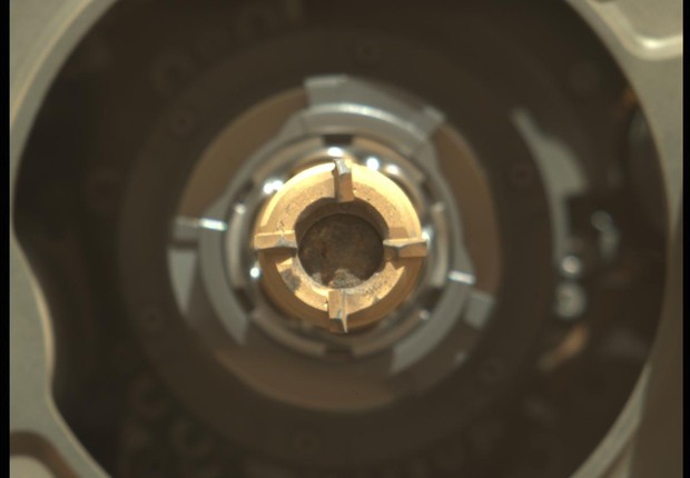 Rocha coletada pelo Perseverence dentro do seu tubo de amostra (Foto: NASA/JPL-Caltech/ASU)
