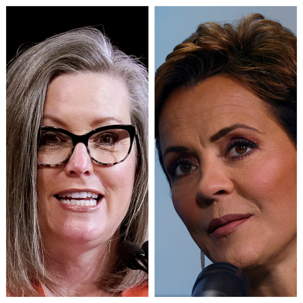 Katie Hobbs (esq.) e Kari Lake (dir.), candidatas ao governo do Arizona — Foto: Reuters