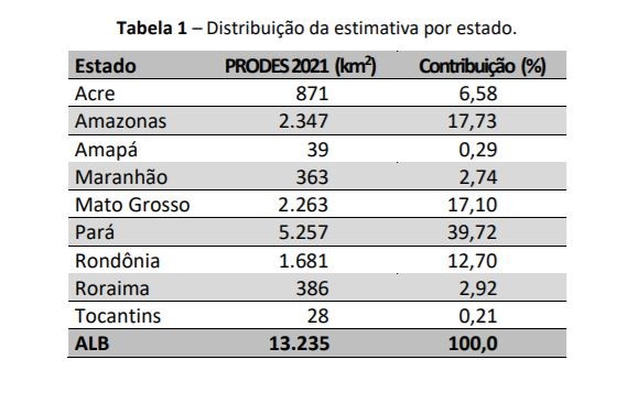 Tabela mostra porção desmatada por estado da  Amazônia Legal Brasileira (ALB) (Foto: Inpe)