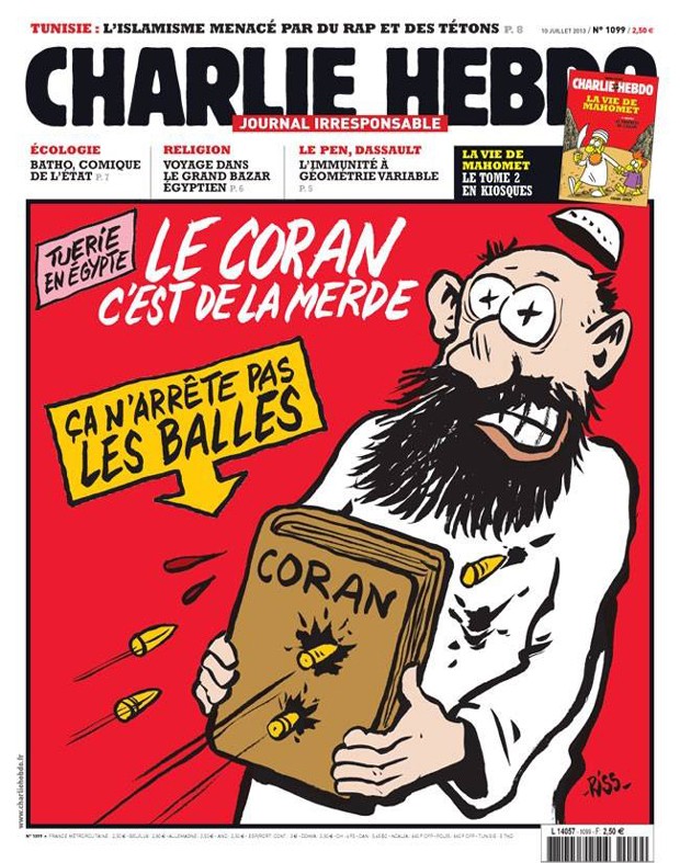 Capa de uma edição de 2013 da 'Charlie Hebdo' com sátira sobre o Corão, livro sagrado dos judeus (Foto: Reprodução/Facebook Charlie Hebdo)