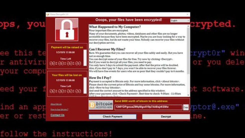 O 'pedido de resgate' que aparecia com o worm WannaCry — Foto: Reprodução/Webroot