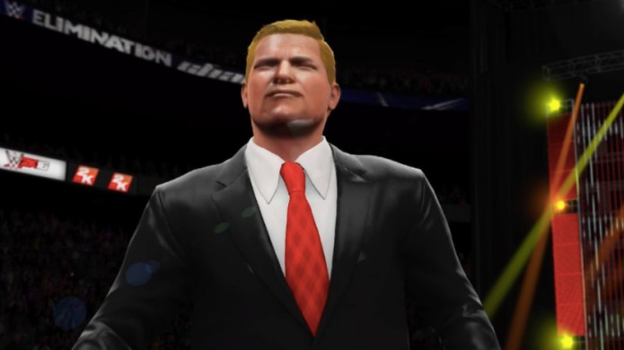 O personagem de Donald Trump em WWE 2K16 não faz jus ao seu tradicional topete (Foto: Reprodução/Kotaku)