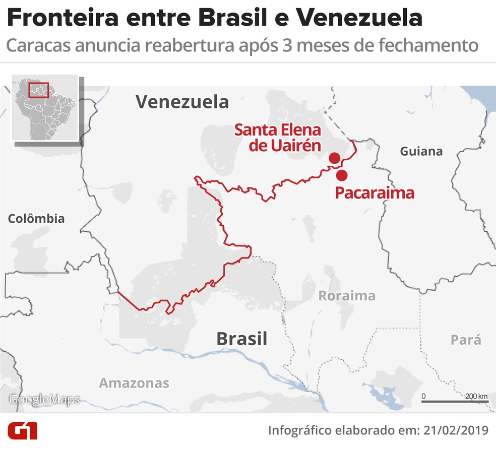 Mapa mostra fronteira da Venezuela com o Brasil — Foto: Infografia: G1