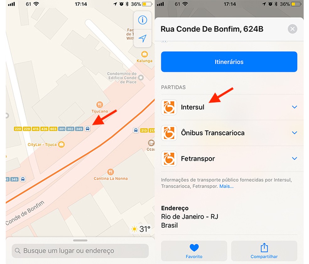 Ação para visualizar informações sobre um ponto de ônibus com o Apple Maps (Foto: Reprodução/Marvin Costa)