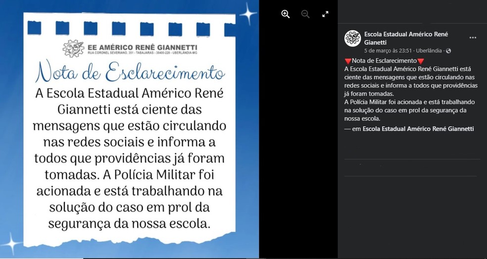 Nota de Esclarecimento da Escola Estadual Américo René Giannetti — Foto: Reprodução/Facebook
