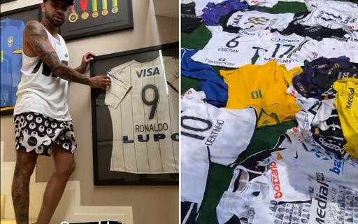 Dentinho mostra sua coleção de camisas, com peças de Neymar e Ronaldo