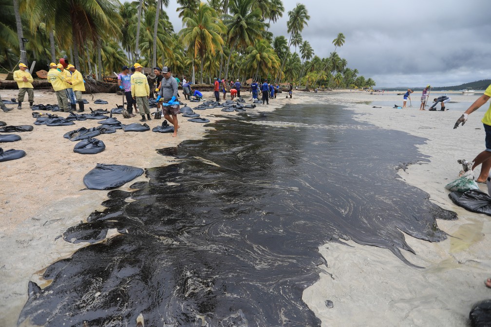 Funcionários da Prefeitura de Tamandaré, no estado de Pernambuco, trabalham na retirada de óleo da praia dos Carneiros, nesta sexta-feira (18). — Foto: BRUNO CAMPOS/JC IMAGEM/ESTADÃO CONTEÚDO