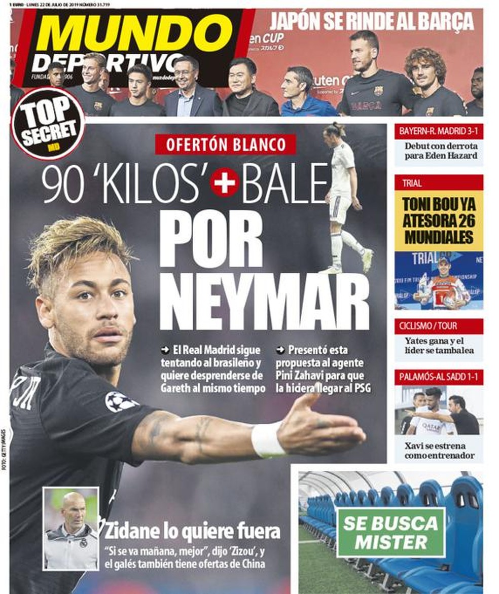 Capa do jornal Mundo Deportivo com proposta do Real Madrid por Neymar: Bale mais € 90 milhões — Foto: Reprodução